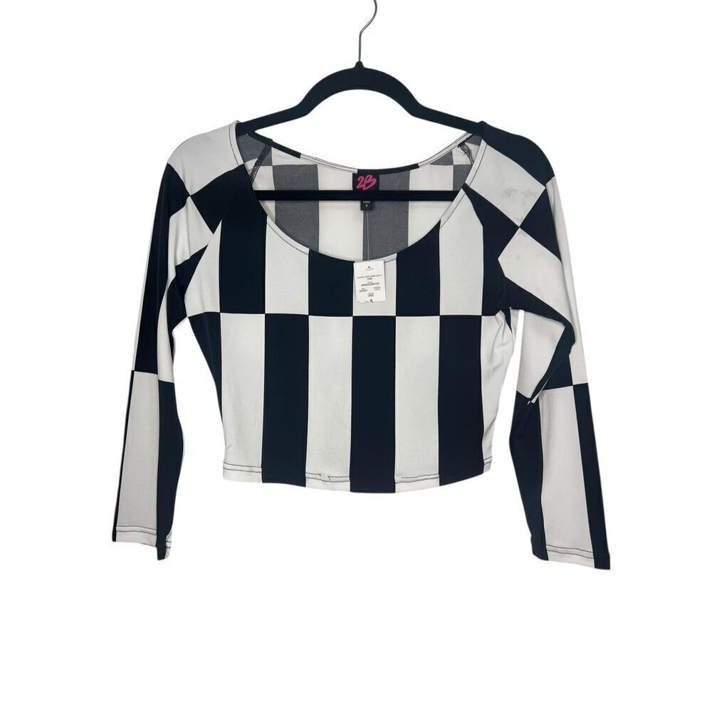 2B Bebe Women’s Small Checkered Crop Top Black & White Long Sleeve NEW